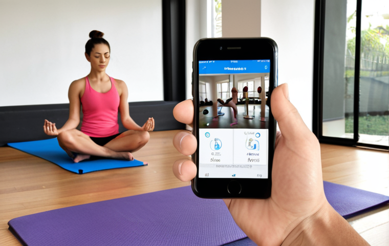 **Image of a person using a physiotherapy app on their smartphone.** Focus on the user interface of the app displaying exercise instructions or a video tutorial. Emphasize ease of use and clarity. Consider showing a bright, modern room with yoga mat in the background, hinting at a healthy lifestyle.