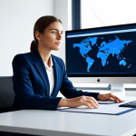 A professional businesswoman in a modest, dark blue business suit, seated comfortably at a sleek, minimalist desk in a modern, sunlit office. She is looking at a large, clear monitor displaying an organized digital workspace with neat folders and automated indicators, reflecting a sense of peace and control. Her posture is natural and relaxed, conveying professional composure. The background is softly blurred, showing contemporary office architecture. safe for work, appropriate content, fully clothed, professional dress, perfect anatomy, correct proportions, natural pose, well-formed hands, proper finger count, natural body proportions, professional photography, high quality, studio lighting.