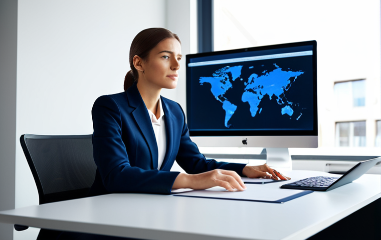 A professional businesswoman in a modest, dark blue business suit, seated comfortably at a sleek, minimalist desk in a modern, sunlit office. She is looking at a large, clear monitor displaying an organized digital workspace with neat folders and automated indicators, reflecting a sense of peace and control. Her posture is natural and relaxed, conveying professional composure. The background is softly blurred, showing contemporary office architecture. safe for work, appropriate content, fully clothed, professional dress, perfect anatomy, correct proportions, natural pose, well-formed hands, proper finger count, natural body proportions, professional photography, high quality, studio lighting.
