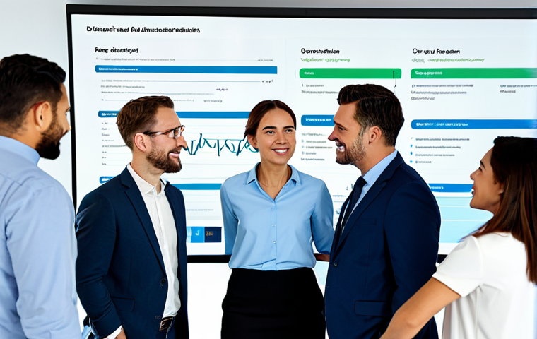 A diverse group of professional colleagues in modest business attire, gathered around a large interactive screen displaying a clear, organized project dashboard in a bright, modern collaborative office space. They are engaged in a productive discussion, pointing to sections of the screen with focused and positive expressions, demonstrating seamless teamwork and shared understanding. fully clothed, appropriate attire, safe for work, perfect anatomy, correct proportions, natural pose, well-formed hands, proper finger count, natural body proportions, professional setting, high-quality photography, professional, family-friendly, appropriate content, modest clothing.
