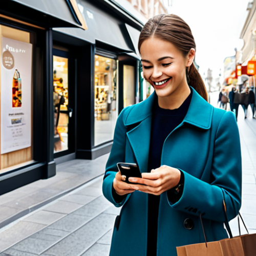 Home 29 Smart Shopper**
A woman looking at her smartphone with a smile, surrounded by shopping bags in a bright, modern urban environment. She is fully clothed in stylish, modest attire, possibly holding a coupon. Background includes store fronts and other shoppers. Safe for work, appropriate content, professional, perfect anatomy, natural proportions, well-formed hands.
**