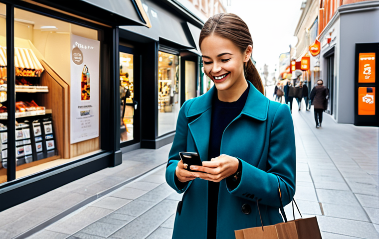 Smart Shopper**

A woman looking at her smartphone with a smile, surrounded by shopping bags in a bright, modern urban environment. She is fully clothed in stylish, modest attire, possibly holding a coupon. Background includes store fronts and other shoppers. Safe for work, appropriate content, professional, perfect anatomy, natural proportions, well-formed hands.

**