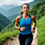 "A woman in professional running attire, GPS smartwatch visible, jogging on a mountain trail, surrounded by lush greenery, fully clothed, appropriate content, safe for work, perfect anatomy, natural pose, high quality, family-friendly."