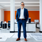 파워포인트 디자인 활용법 - **

"A professional architect, fully clothed in business casual attire, stands in a bright, modern a...