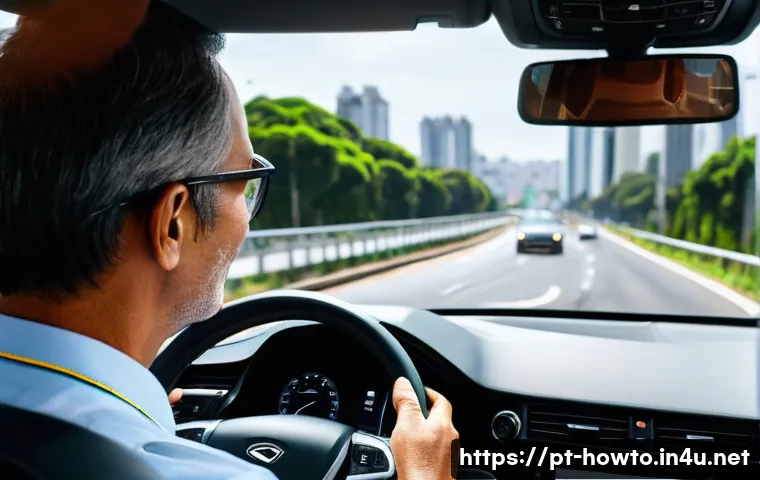 AI 음성인식 기술 활용법 - A Brazilian middle-aged man driving a modern car in São Paulo, hands on the steering wheel, speaking...