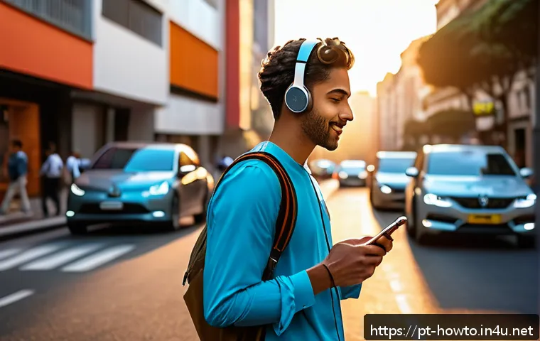 책 요약 앱 활용법 - A modern young Brazilian professional listening to an audiobook summary on a sleek smartphone while ...