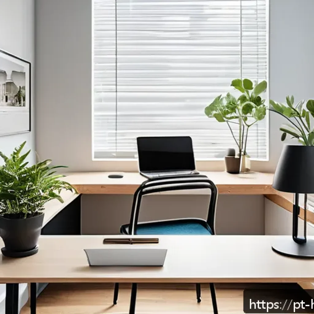 효율적인 업무 시간 관리 팁 - A modern, well-organized home office with clean surfaces, ergonomic chair, and soft natural lighting...