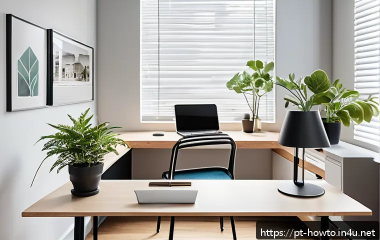 효율적인 업무 시간 관리 팁 - A modern, well-organized home office with clean surfaces, ergonomic chair, and soft natural lighting...