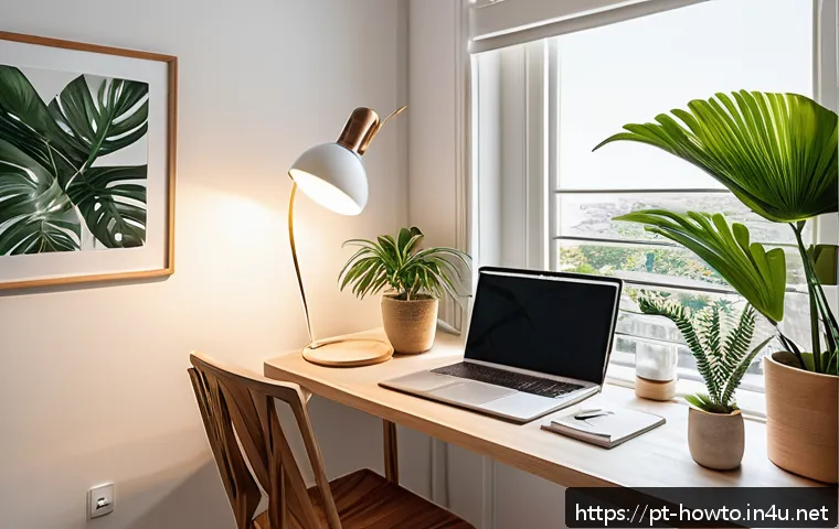 원격 근무 활용법 - A modern home office corner in a Brazilian apartment, featuring a sleek ergonomic chair and a wooden...