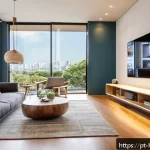 스마트홈 자동화 활용법 - A modern Brazilian living room showcasing a smart home setup with various connected devices: smart L...