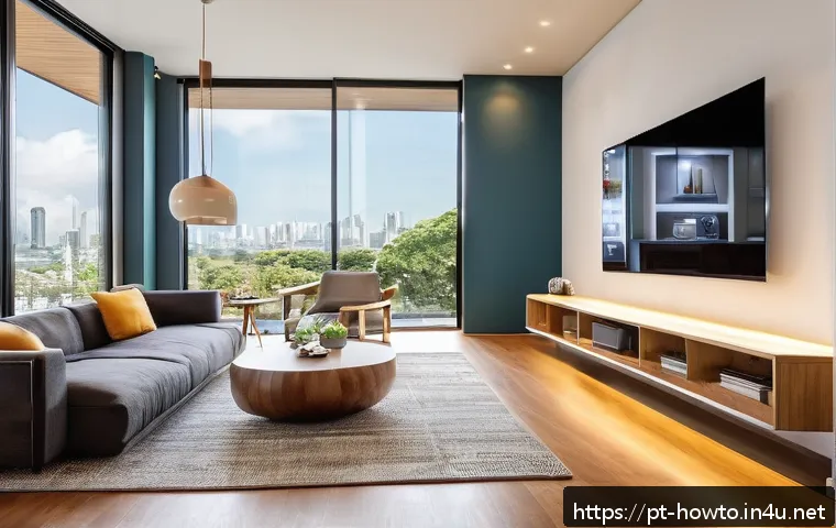 스마트홈 자동화 활용법 - A modern Brazilian living room showcasing a smart home setup with various connected devices: smart L...