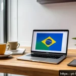 Google Trends 활용법 - A modern digital marketing workspace showing a Brazilian professional analyzing colorful Google Tren...