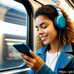 전자책 활용법 - A cozy urban commuter scene inside a modern S&atilde;o Paulo metro train during morning rush hour, featurin...