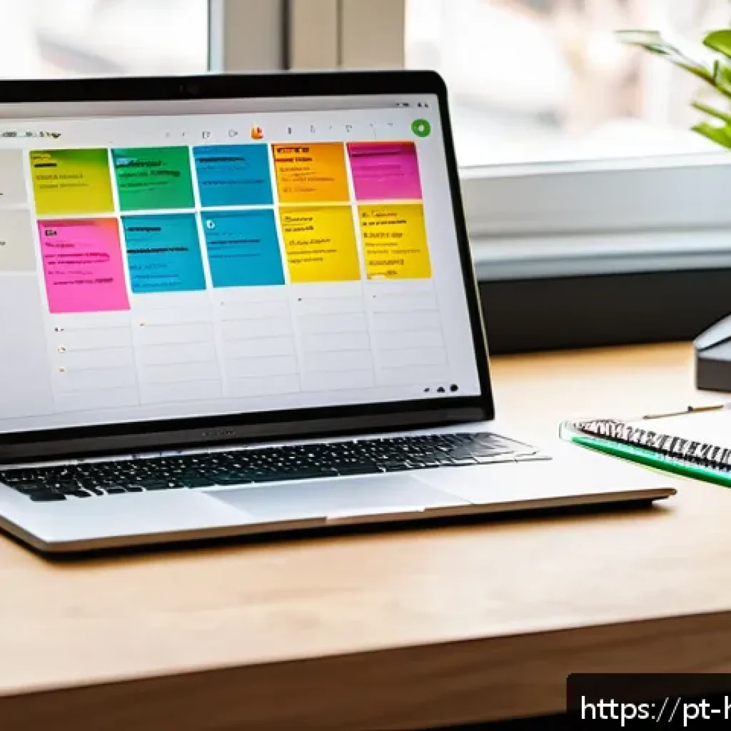 Evernote 활용법 - A modern, organized workspace featuring a laptop displaying Evernote interface with neatly categoriz...