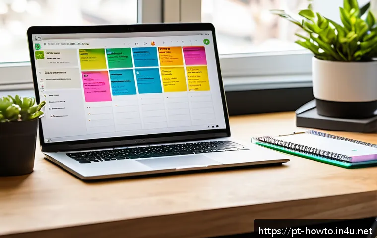 Evernote 활용법 - A modern, organized workspace featuring a laptop displaying Evernote interface with neatly categoriz...