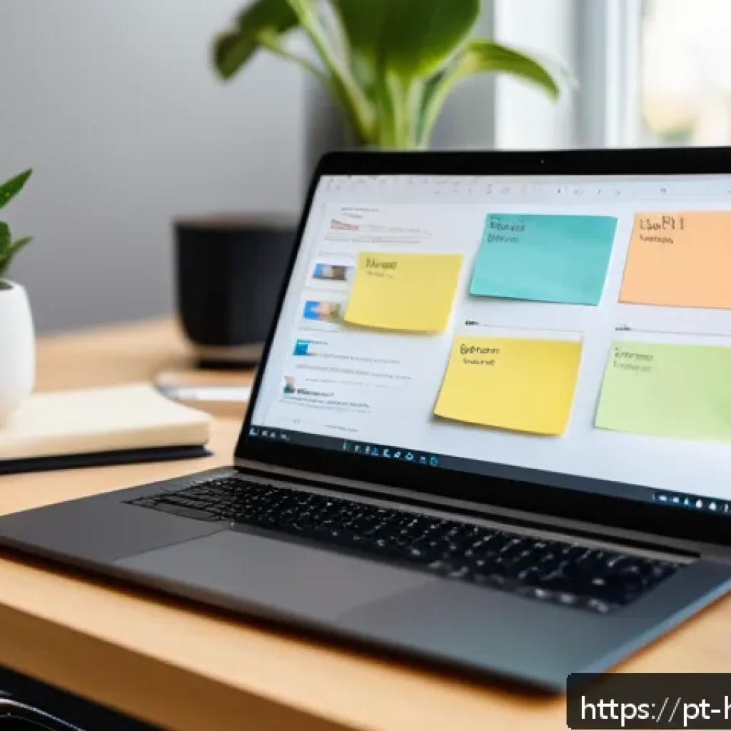 디지털 노트 활용법 - A modern, bright home office setup showing a person organizing digital notes on a sleek laptop scree...