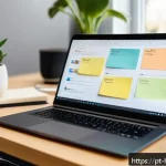 디지털 노트 활용법 - A modern, bright home office setup showing a person organizing digital notes on a sleek laptop scree...