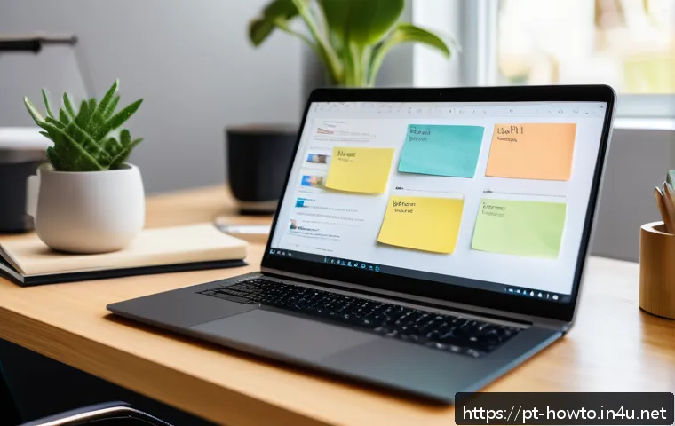 디지털 노트 활용법 - A modern, bright home office setup showing a person organizing digital notes on a sleek laptop scree...