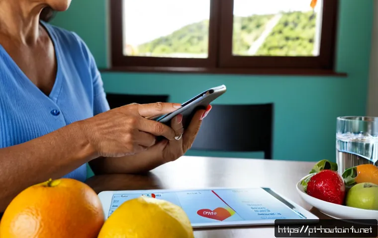 헬스케어 활용법 - Photorealistic Brazilian woman in her early 60s using a smartphone health tracking app at a bright k...