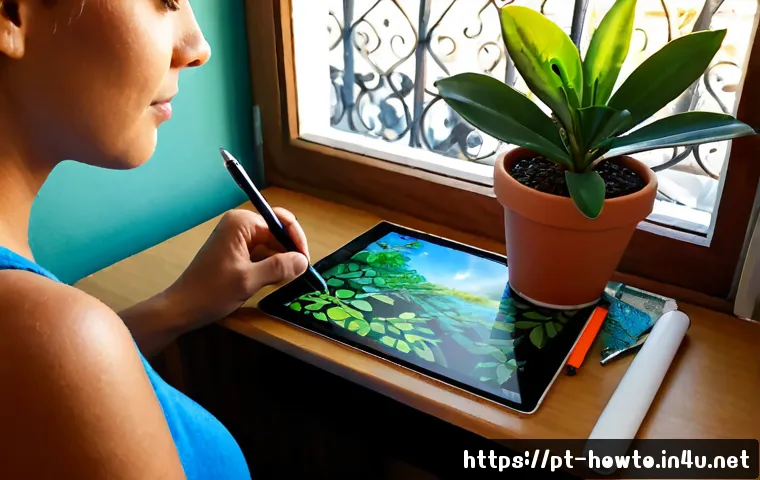 디지털 아트 소프트웨어 활용법 - Photorealistic home studio scene of a Portuguese-speaking freelance illustrator using a pen display ...